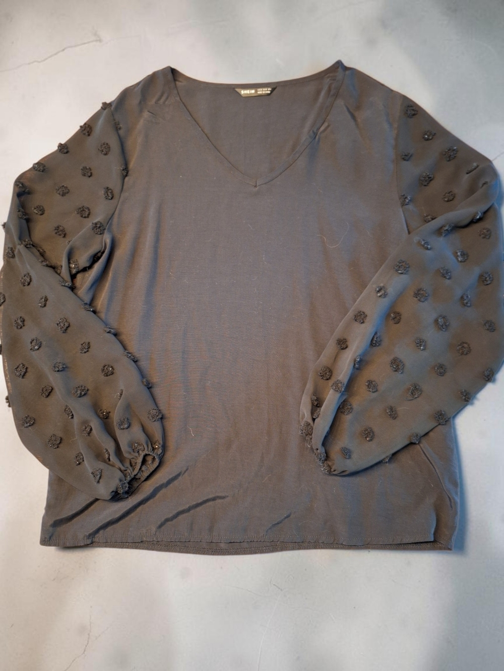 SHEIN Black V-Neck Long Sleeve Shirt with Pom-Pom Sleeve Detail